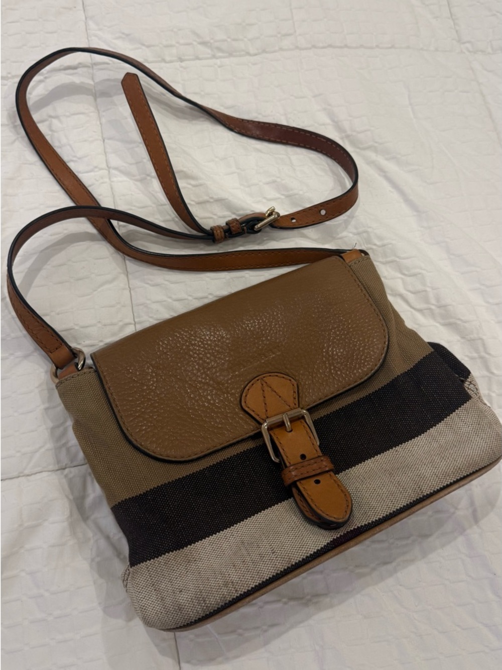 Burberry Leather Tan and Black Striped Canvas Crossbody Bag